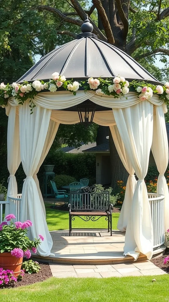 A beautiful gazebo decorated with drapes and flowers, set in a lush backyard.