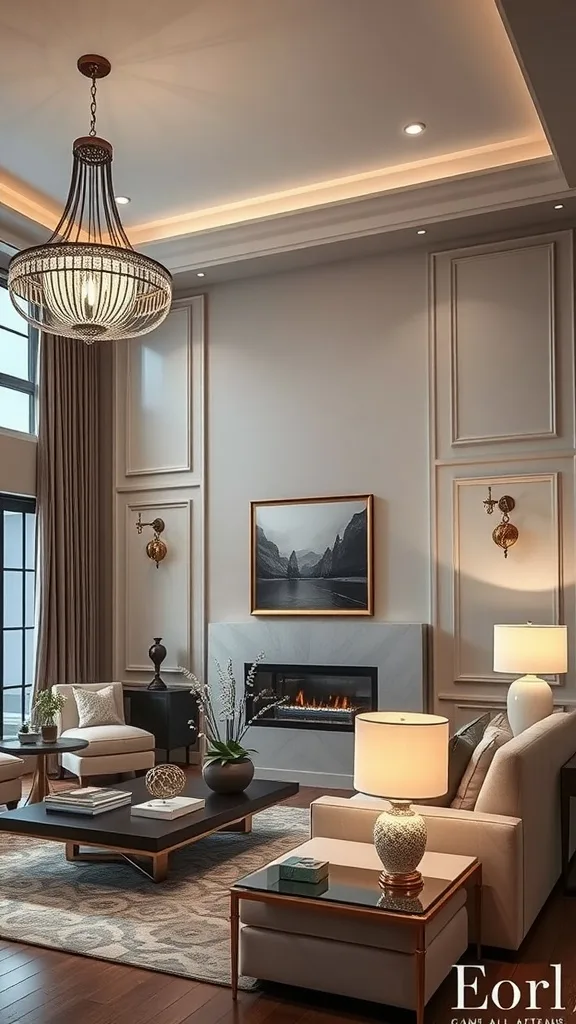 A beautifully lit neutral living room featuring a chandelier and stylish wall sconces.