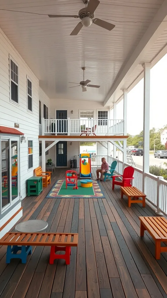 Two-level deck with a play area and seating for adults.