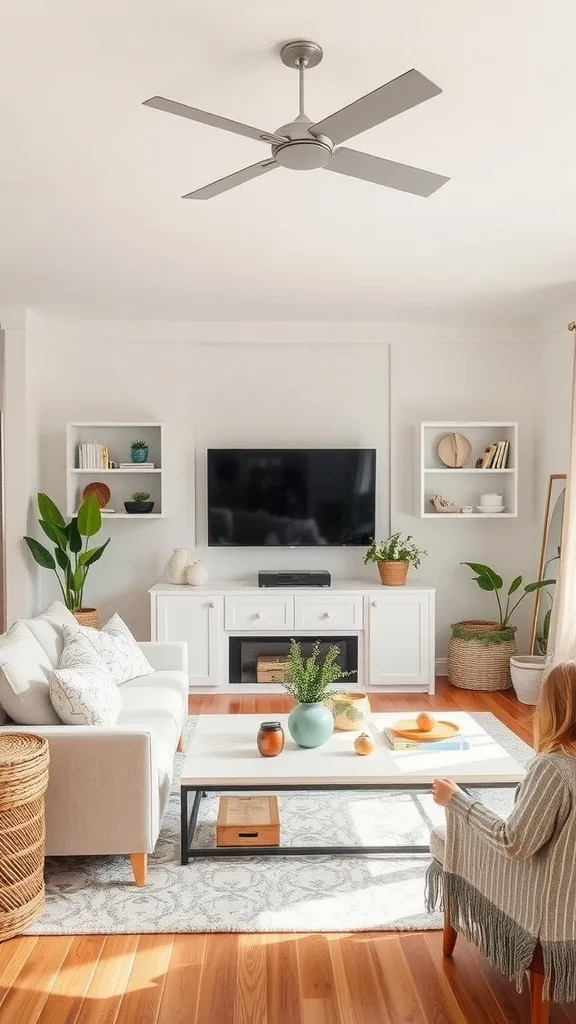 A bright and cozy neutral living room with natural light, comfortable furniture, and decorative elements.