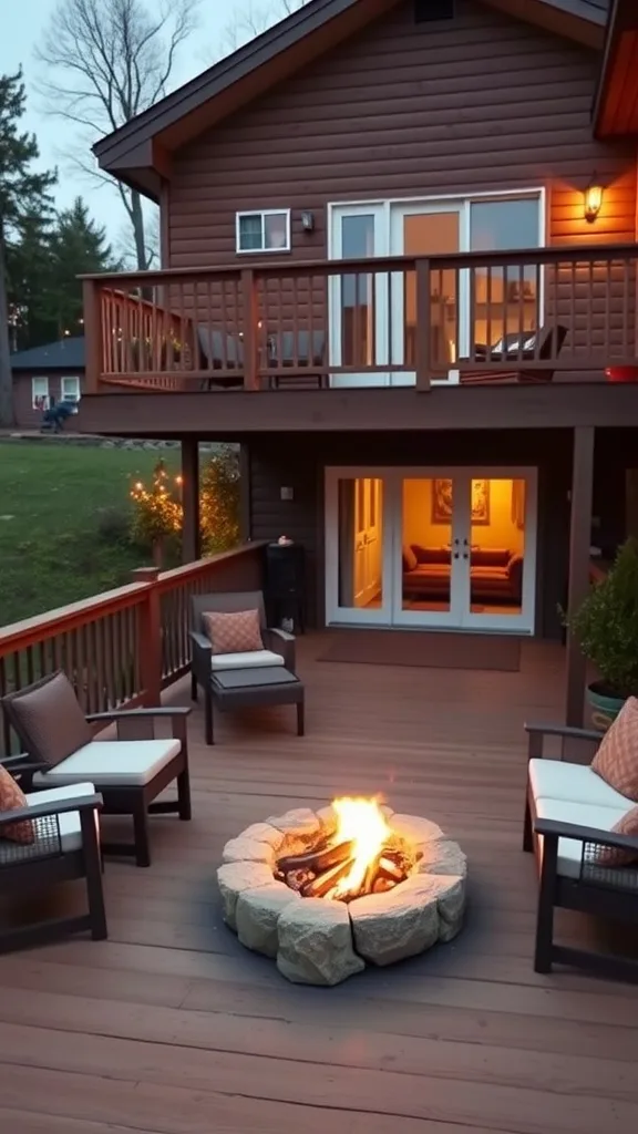 A warm and inviting fire pit lounge on a lower deck, surrounded by comfortable seating.