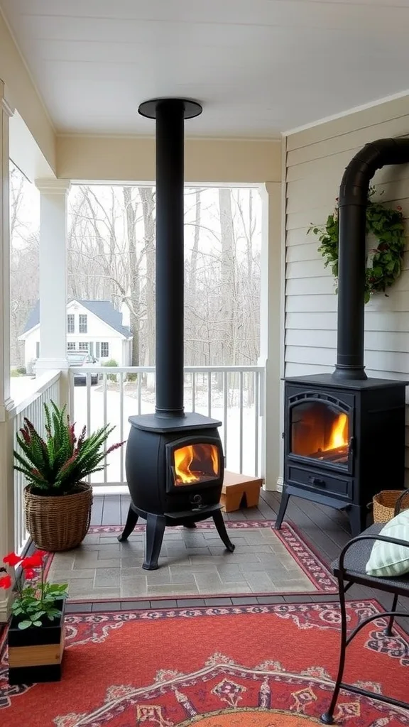 Cozy porch with a fireplace, comfortable seating, and decorative plants.