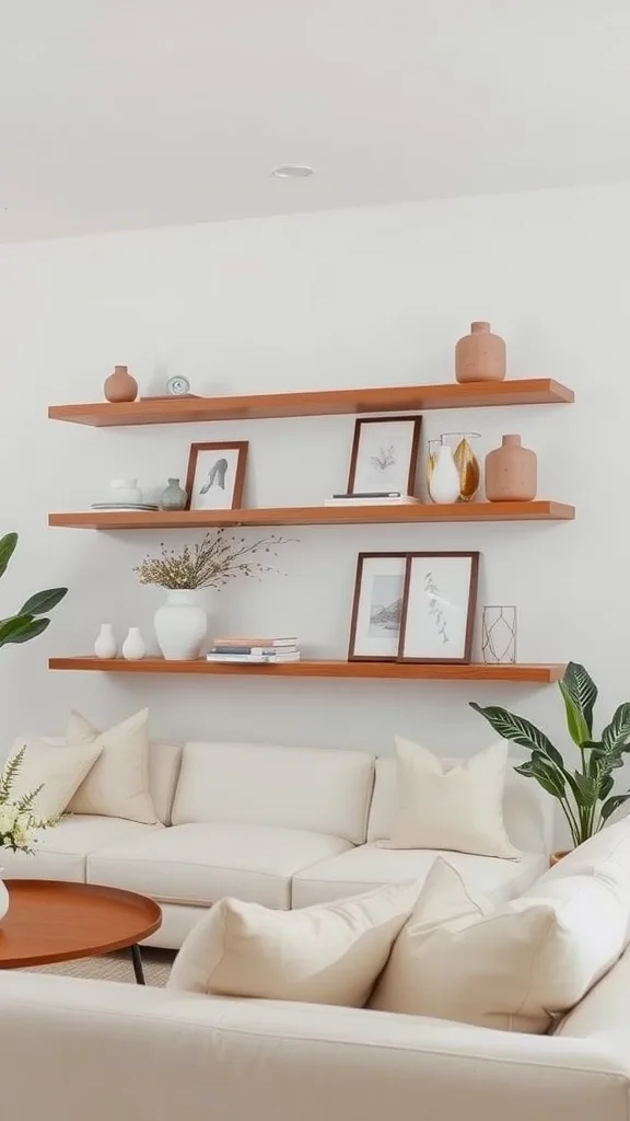 A stylish living room featuring neutral decor with floating shelves.