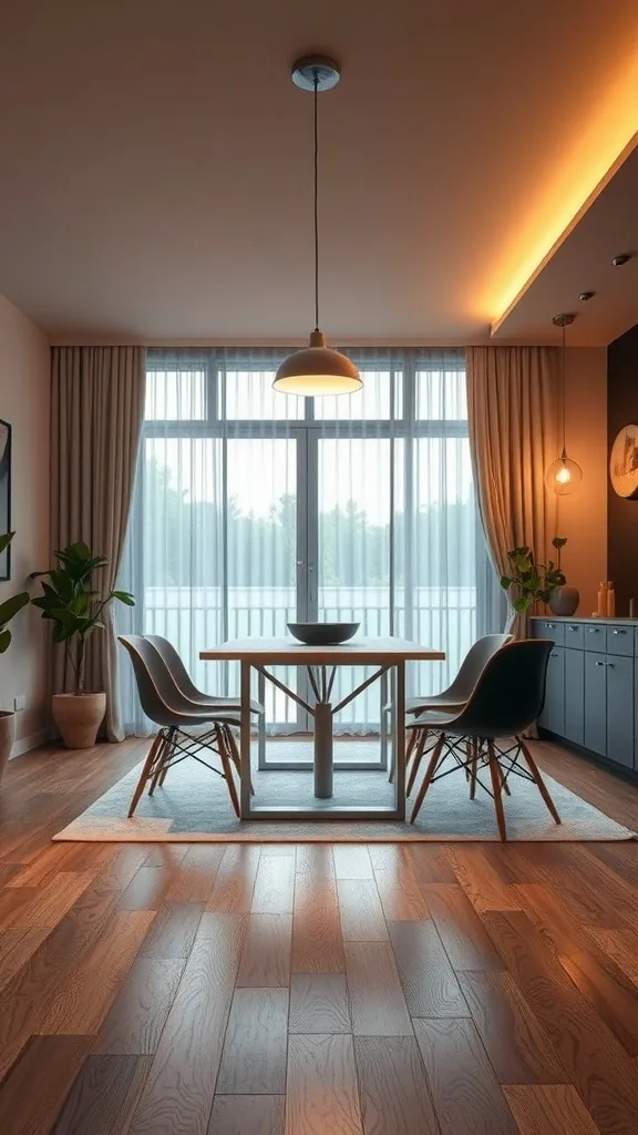 A modern dining area with floor lights providing soft, warm lighting
