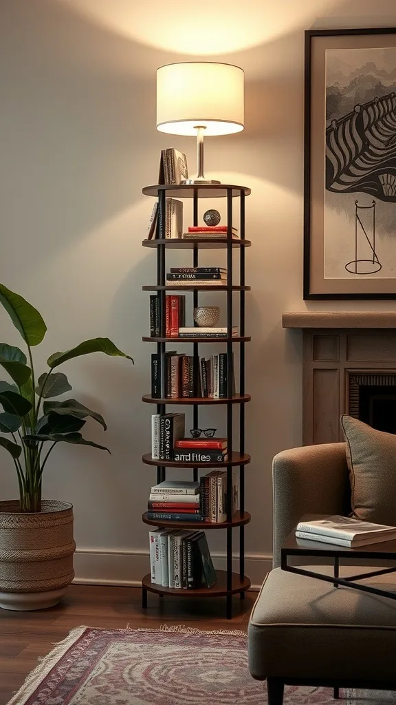 A stylish floor lamp with integrated shelving, featuring books and decorative items.