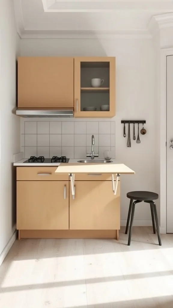 A compact kitchen featuring a fold-down table, ideal for small spaces.