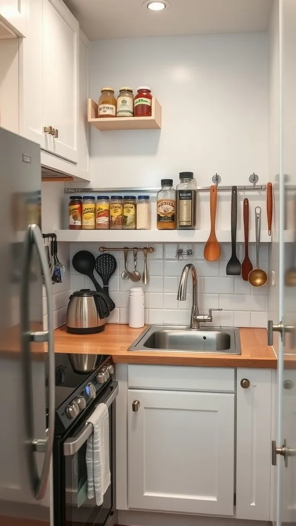 A small kitchen with organized shelves and utensils, showcasing functional accessories.