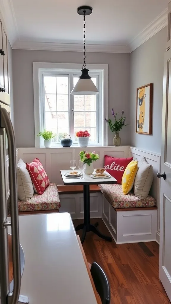 A bright and cozy kitchen nook with colorful cushions, a small round table, and large windows.