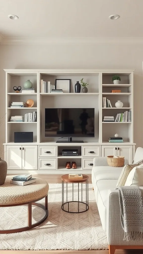A stylish neutral living room with comfortable sofas, a round coffee table, and neatly arranged shelves.