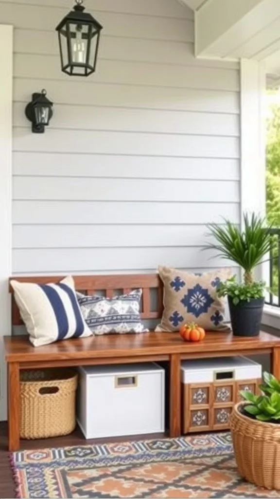 Cozy porch featuring storage benches, plants, and decorative elements.