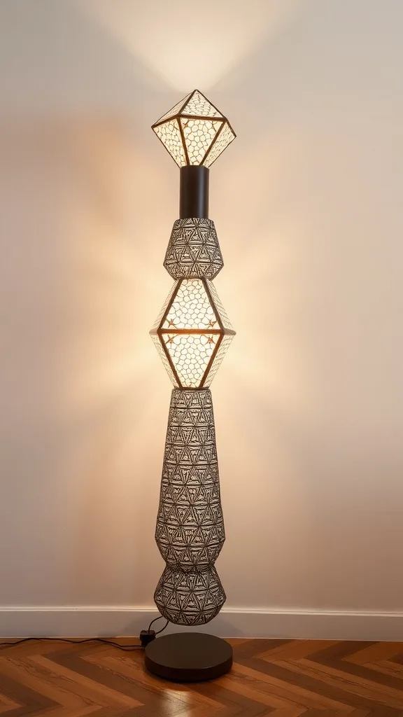 A modern contemporary floor light featuring geometric shapes and patterns.