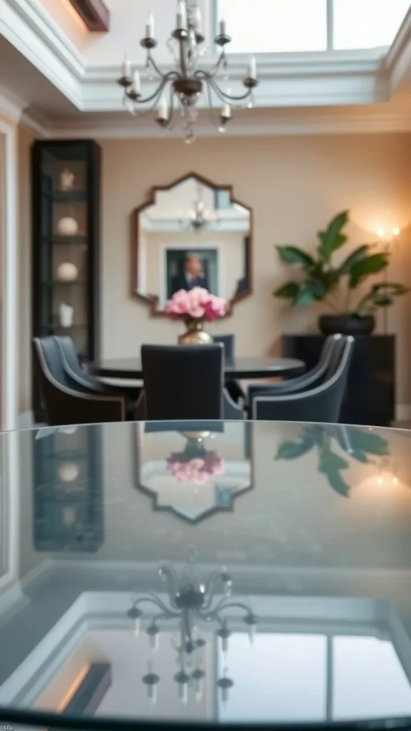 A modern dining area featuring a glass top table, elegant chairs, and stylish decor.