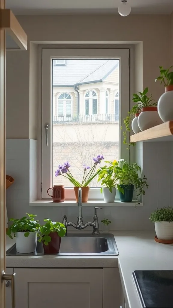 A bright tiny kitchen with potted herbs on the windowsill and a sink.