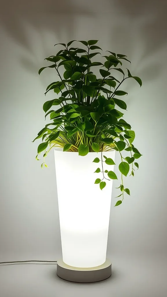 An illuminated planter with a plant, creating a stylish and modern look.