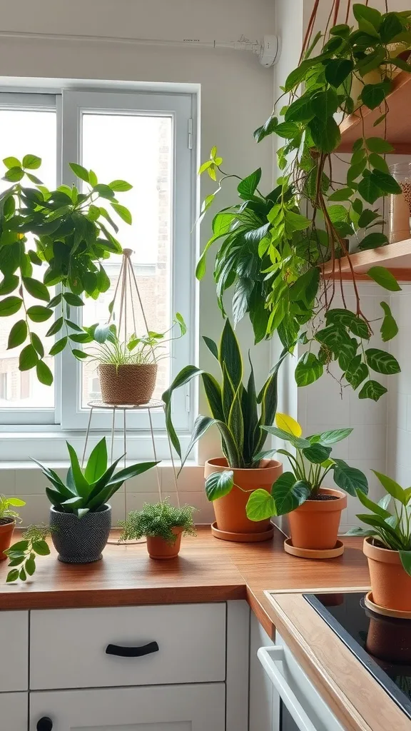A bright kitchen adorned with various indoor plants on shelves and countertops.