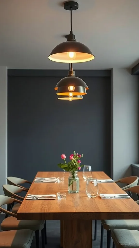 A modern dining table with wooden top and glass elements, decorated with a vase of pink roses and stylish pendant lights above.