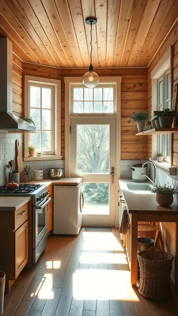 Bright and airy tiny house kitchen with wooden accents and natural light.