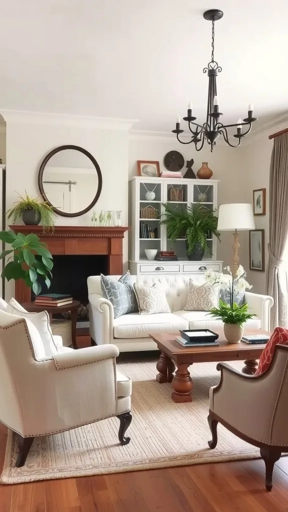 A stylish neutral living room featuring vintage furniture, soft textiles, and natural elements.