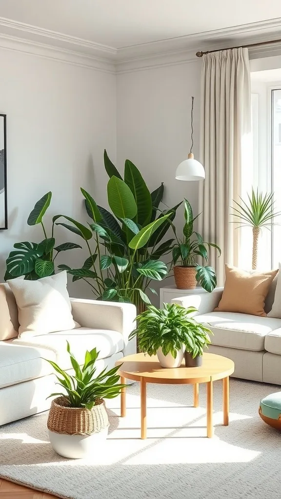 A bright and fresh living room featuring various indoor plants, including hanging plants and potted greens, creating a lively atmosphere.