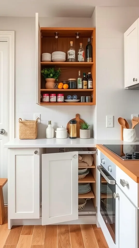 A small kitchen featuring innovative pantry solutions with open shelves and organized storage.