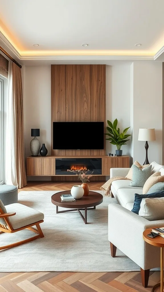A bright and inviting neutral living room with light gray sofas, earthy throw pillows, and a stylish coffee table.