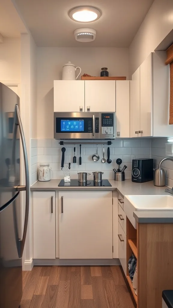 A modern tiny house kitchen featuring smart appliances and a tidy layout.