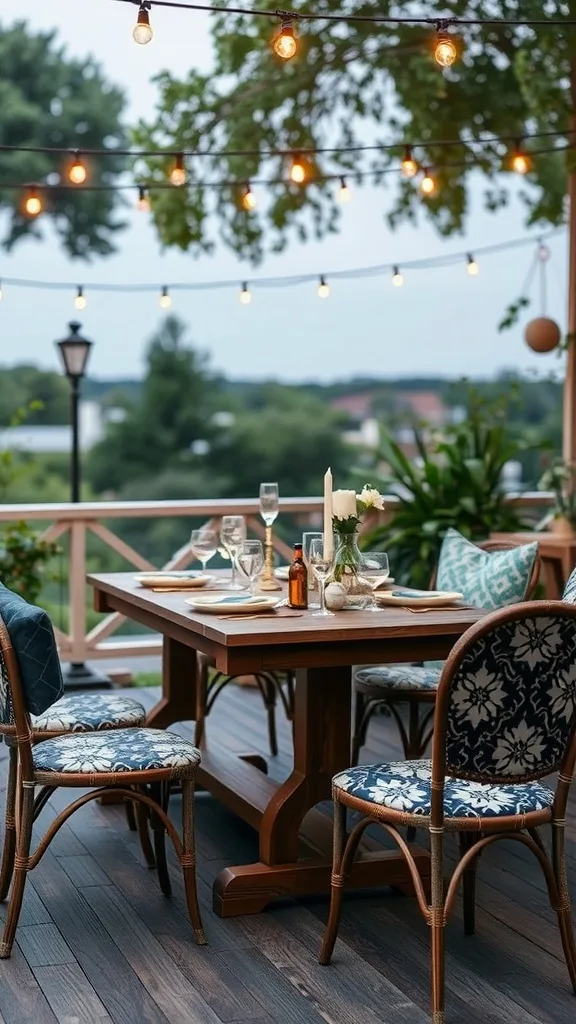 An inviting outdoor dining area with a wooden table, elegant tableware, and string lights.