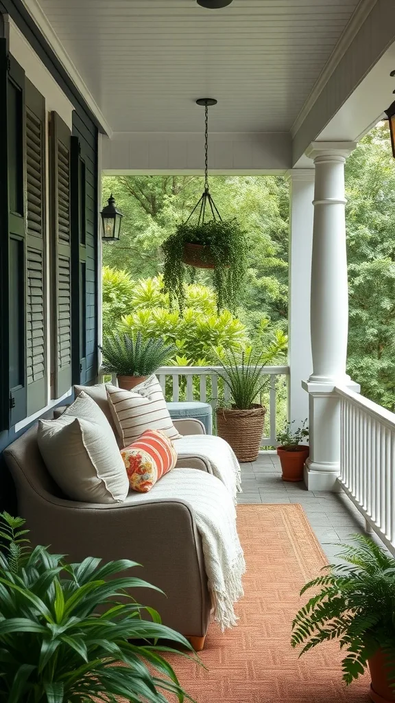 Cozy porch with comfortable seating, plants, and decorative elements