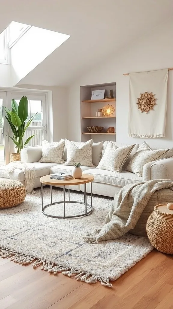 A cozy living room featuring layered neutral textiles, including throws and cushions on a sofa.