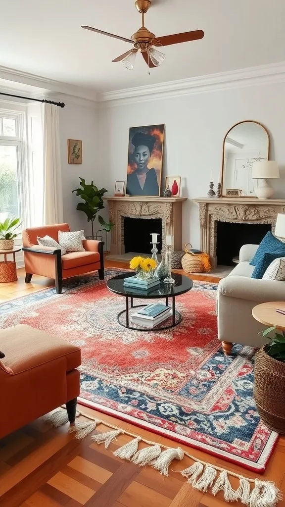 A bright neutral living room with layered rugs, featuring a light gray and an orange patterned rug, a comfortable couch, and a cozy armchair.