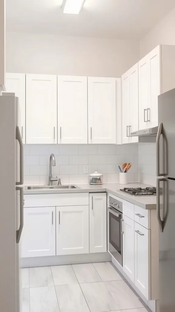 A modern tiny house kitchen featuring white cabinets and light-colored tiles.