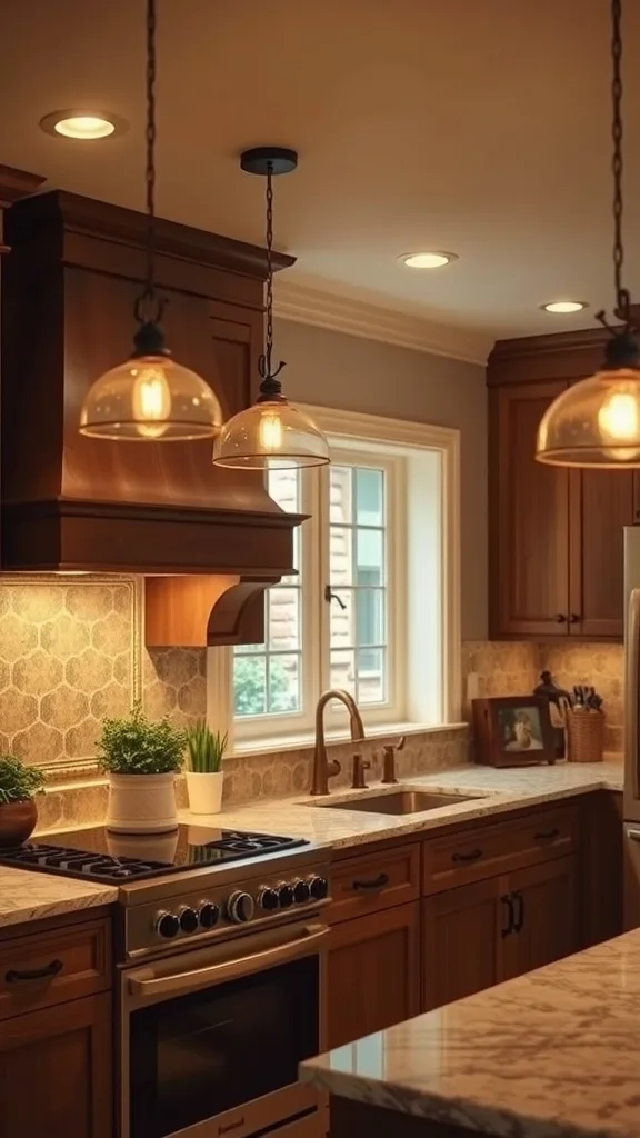 A modern kitchen with stylish pendant lights and warm under-cabinet lighting.