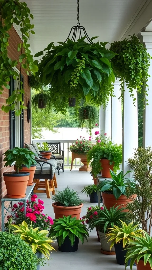 A cozy porch adorned with various potted plants and hanging greenery.