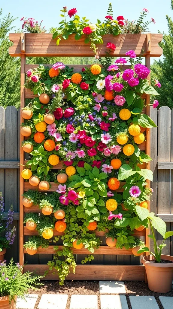 A colorful vertical garden with various flowers and herbs displayed on a wooden frame.