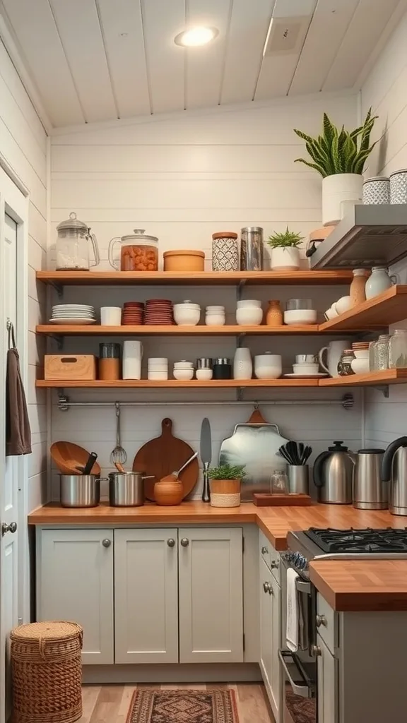 A cozy tiny house kitchen with open shelves displaying dishes and kitchenware.