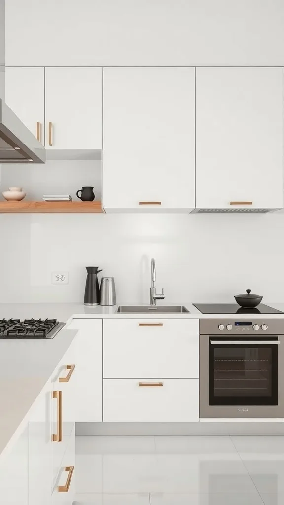 A modern minimalist kitchen featuring white cabinets and sleek appliances.
