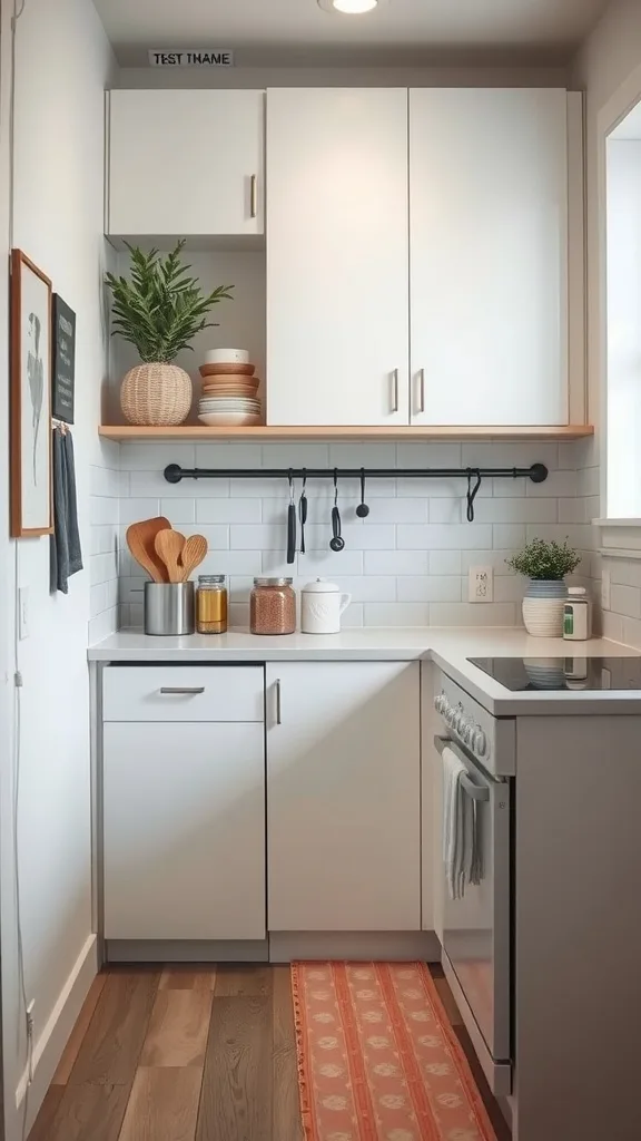 A modern tiny house kitchen with white cabinets, wooden accents, and organized shelves.