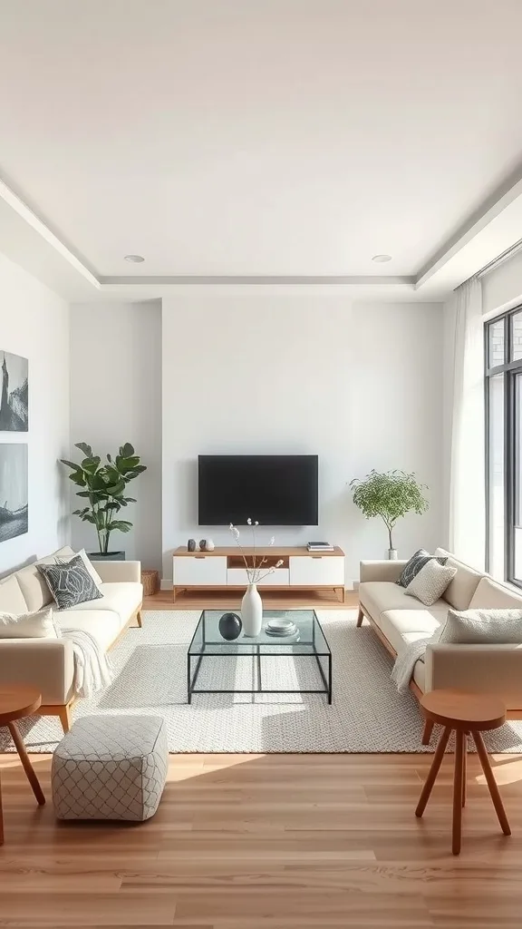 A minimalist living room featuring a light-colored sofa, a coffee table, and a plant.