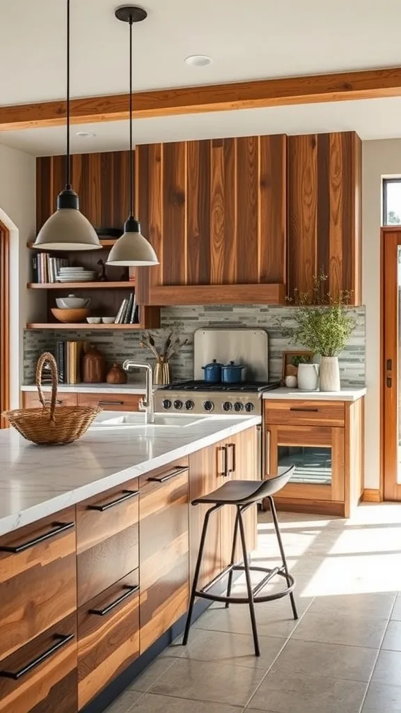 A modern kitchen featuring a mix of wood, metal, and stone materials.