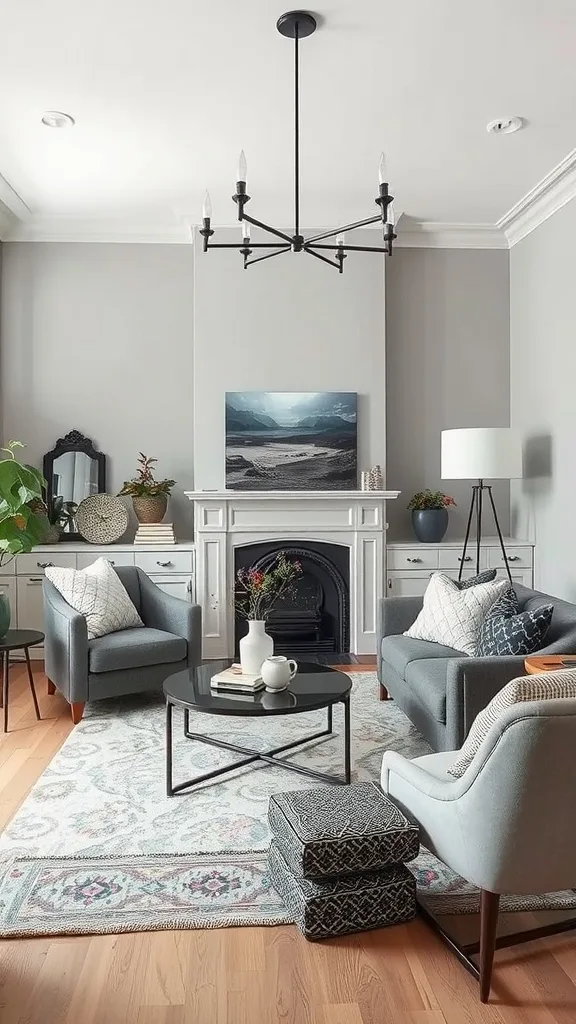 A stylish living room featuring a mix of gray shades, elegant furniture, and wooden accents.