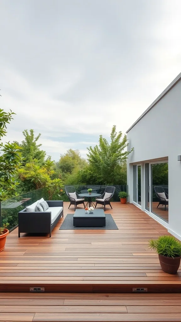 A modern two-level deck featuring sleek furniture and greenery.
