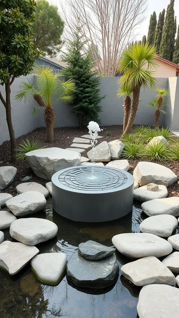 A modern water feature surrounded by stones and plants in a backyard.