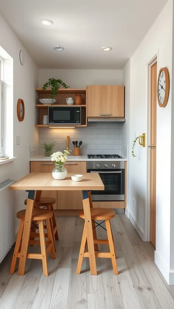 A bright and modern tiny house kitchen with a small wooden table and chairs.