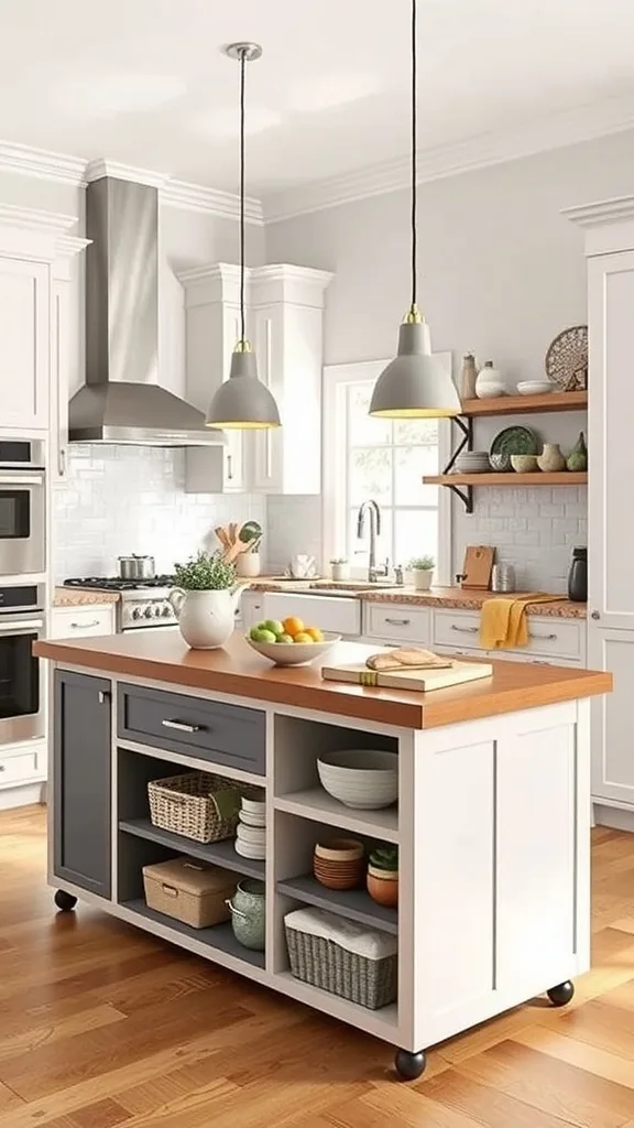 A modern kitchen island with a wooden countertop, silver appliances, and stylish decor.