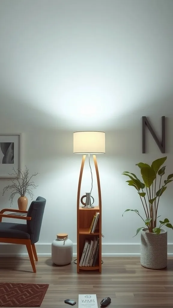 A modern floor lamp with a shelf, illuminating a cozy corner of a room.