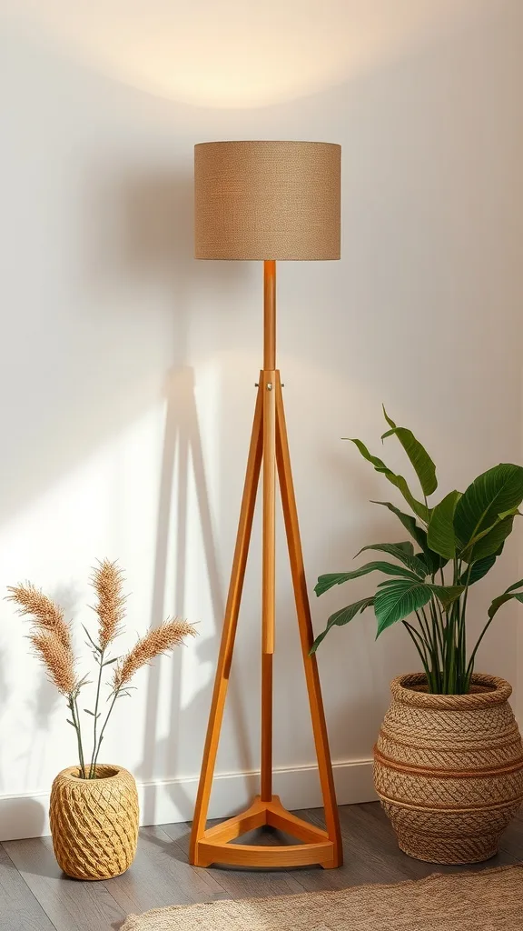 Modern floor lamp with wooden base and textured shade next to plants and decorative items.