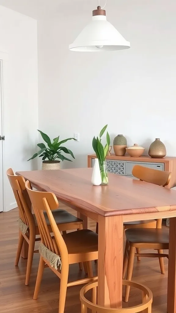 A modern dining table made of natural wood with a glass top, surrounded by stylish chairs.