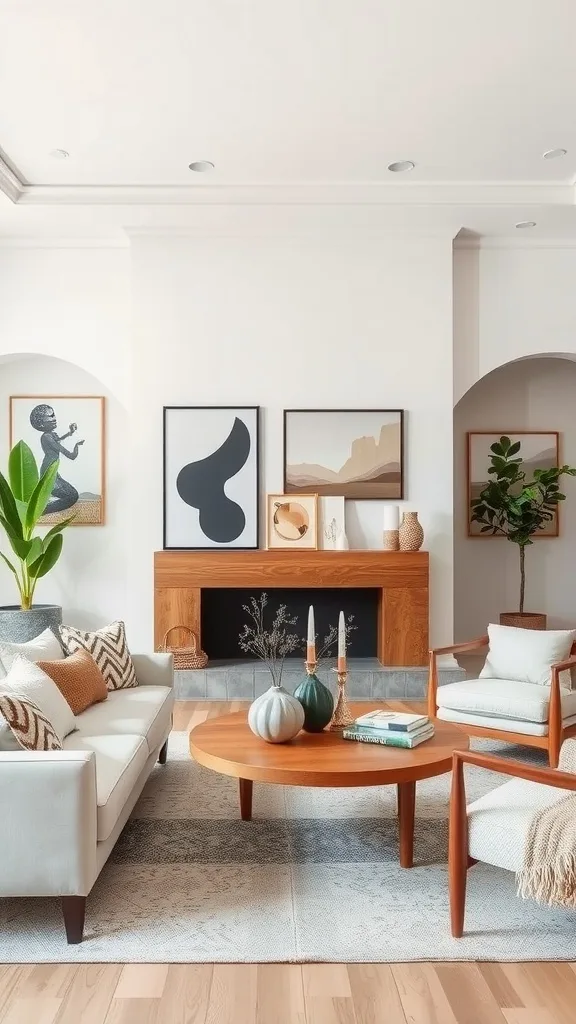 A stylish neutral living room featuring artwork and decor.
