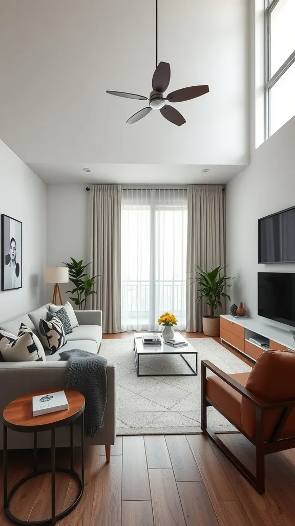 Modern neutral living room with gray and white color blocking.