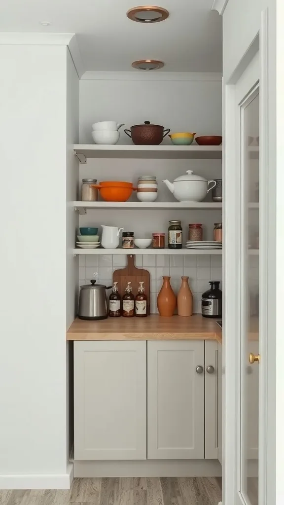 A tiny house kitchen featuring open shelving with colorful dishes and jars on display.